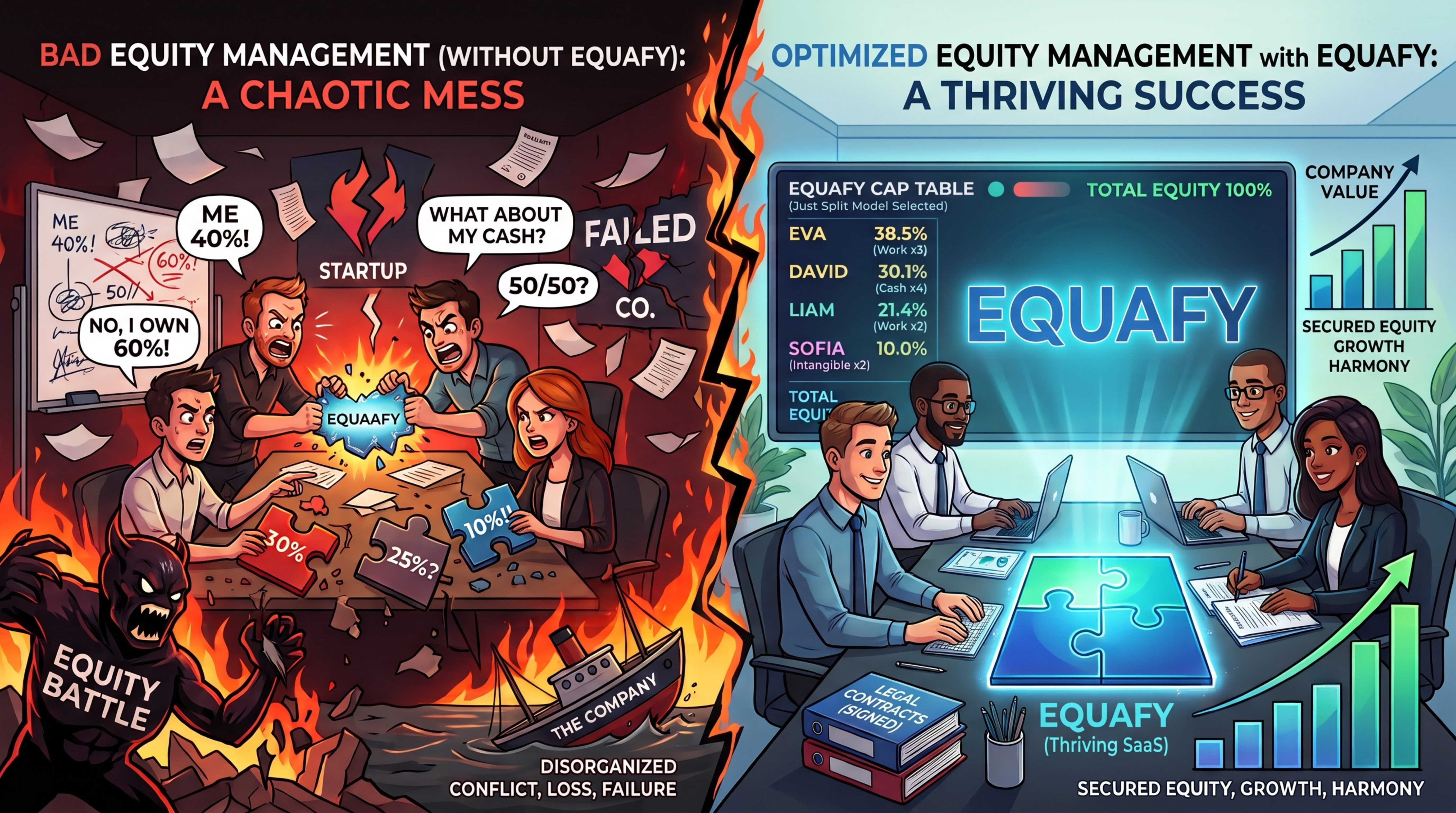 Chaotic equity management without Equafy versus organized equity with Equafy